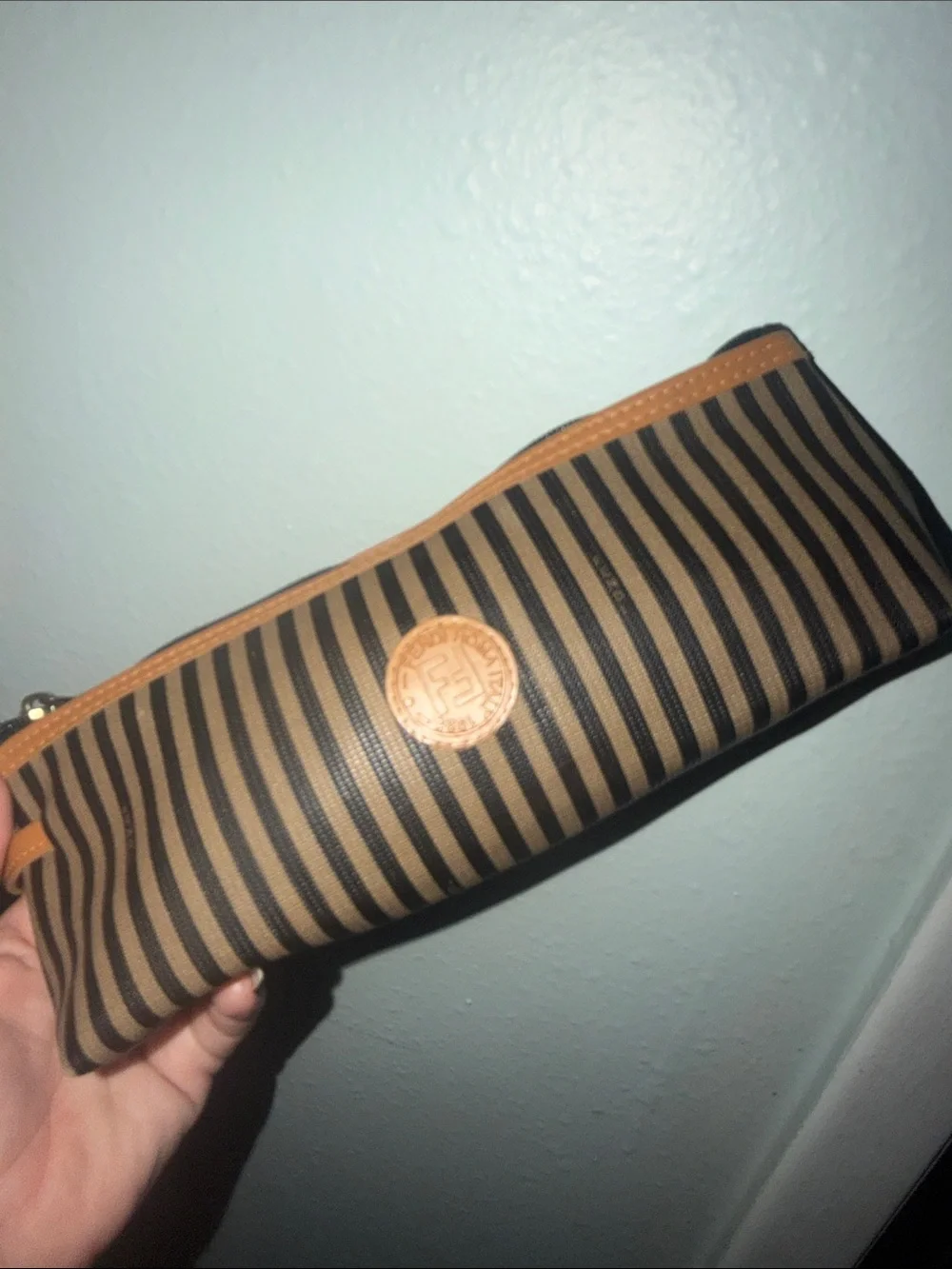 Fendi Black & Brown Striped Canvas Zip Pouch